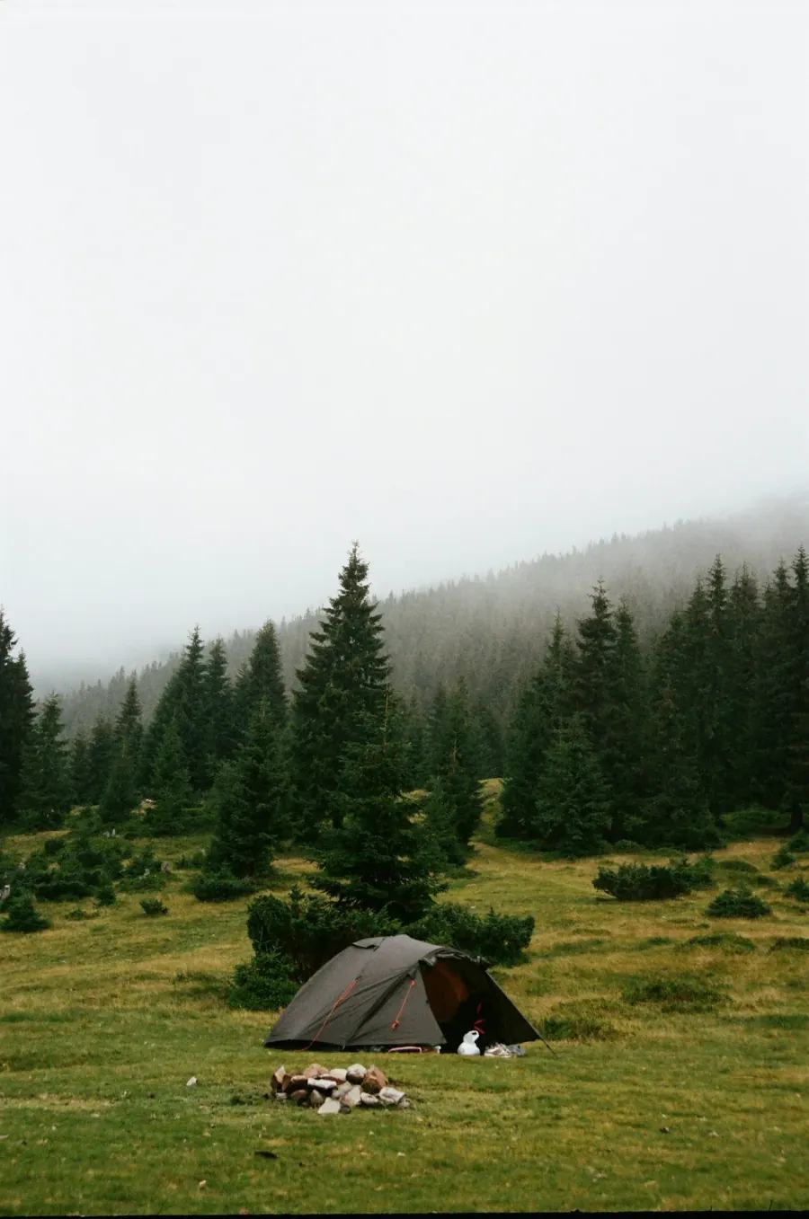 Tente de camping solitaire dans un champ face à un paysage de montagne